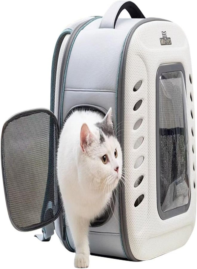 PET FUN حقيبة ظهر شفافة فاخرة لحمل القطط من بيت فن - حقيبة سفر للحيوانات الأليفة قابلة للتهوية للقطط والكلاب الصغيرة، قابلة للطي، جيدة التهوية بتصميم مريح، مثالية للمشي لمسافات طويلة والتخييم (أبيض) - Image 1